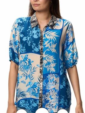 Johnny Was Blue and Cream Floral Patchwork Silk Button-Down